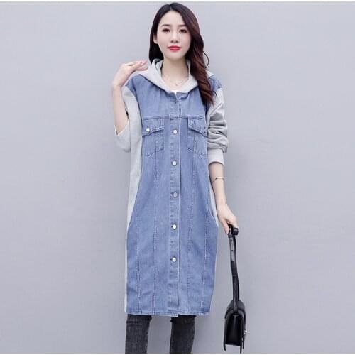 #3125 Spliced Color Denim Jacket Women Loose Long Windbreaker Outerwear Hooded Casual Long Coat Female Loose Single Breasted