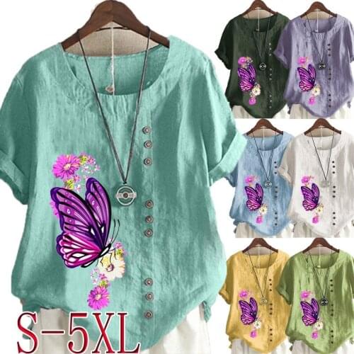 Womens Summer New Fashion Butterfly Printed Round Neck Short Sleeve T-shirt Casual Loose Solid Color Blouse Tops Plus Size