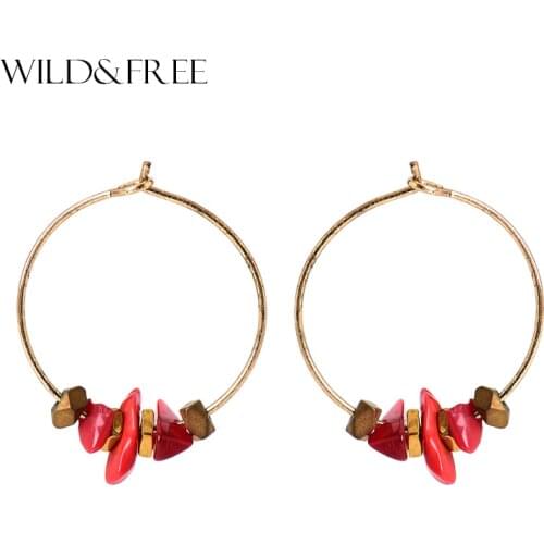 Women Trendy Red Natural Stone Pendant Round Hoop Earrings Vintage Antique Gold Circle Hoop Earrings Jewelry