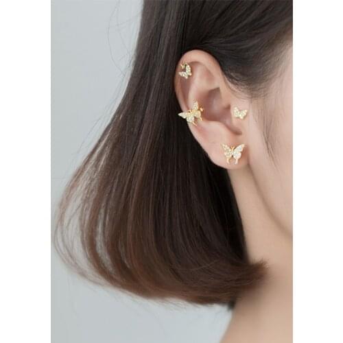 Small Butterfly Earring Studs Sterling Silver Cubic Zirconia Without Piercing Ear Cuff Earrings Earcuff for Women 925 Jewelry