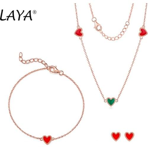 925 Sterling Silver Fashion Simple Heart-shaped Red Enamel Stud Earrings Bracelet Necklace Set For Women High Quality Jewelry