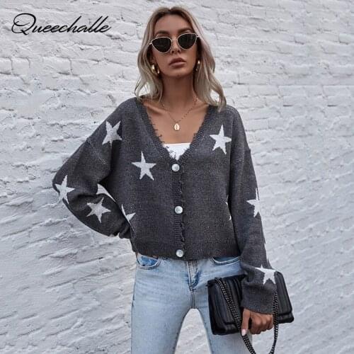 New 2021 Spring Knitted Cardigan Womens V neck Drop-shoulder Sleeve Short Sweater Coat Autumn Star Casual Long Sleeve Outerwear
