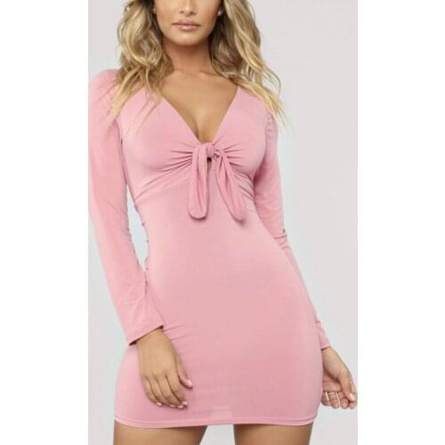 Bow V Neck Long Sleeve Bodycon Dress Women Sexy Sheath Party Dress Ladies Elegant Dresses