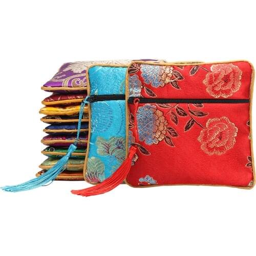 10pcs Peony Flower Small Zipper Square Jewelry Gift Bag Chinese Silk Brocade Bracelet Pouch Women Credit Card Holder Coin Purse