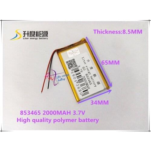 3.7V 2000mAH 853465 Polymer lithium ion / Li-ion battery for MP3 MP4 cell phone speaker power bank DVD GPS DVR