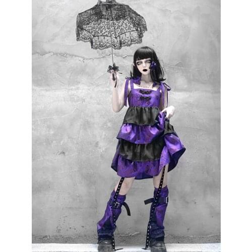 Original Design Purple Butterfly Gothic Ruffles Layer Cake Ball Gown Dress Knee Sleeve Japanese Sleeveless Spaghetti Slip Dress
