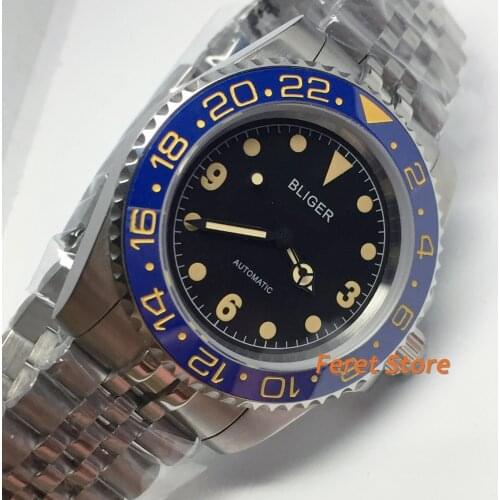 Bliger new 40mm top mens watch sapphire glass blue ceramic bezel luminous stainless steel Luminous mens automatic watch