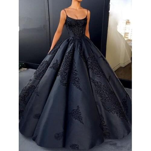 Black Prom Dresses Ball Gown Spaghetti Straps Appliques Dubai Saudi Arabic Long Robe De Soiree Prom Gown Evening Dresses