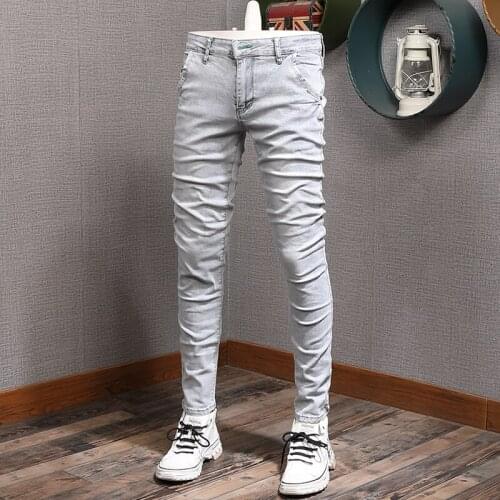 Korean Style Fashion Men Jeans Retro Light Gray Elastic Slim Fit Casual Jeans Men Streetwear Trousers Designer Punk Pencil Pants