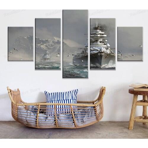 Canvas Paintings Wall Art HD Prints Modular Frame 5 Pieces Battleships Seagull Seascape Pictures Warship Game Poster Home Decor