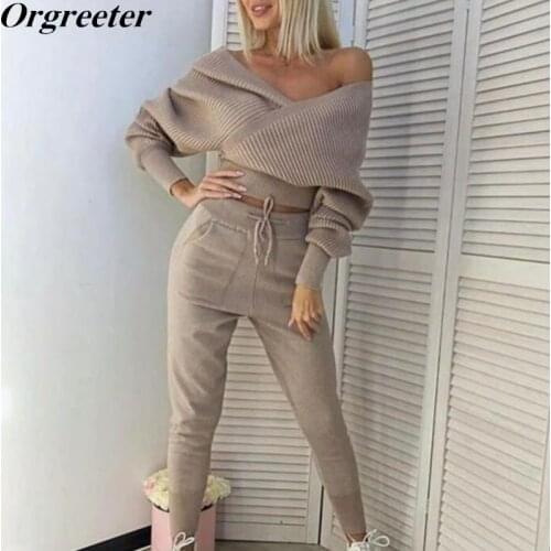 Sexy Off shoudler 2 Piece Sweater Tracksuits Women Harrem Pants + Double V Neck Pullover Sweater Set Fall Winter Knitted Clothes