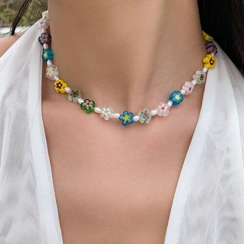 Fashionable niche design flower hand beaded colored glass freshwater pearl necklace female necklace
