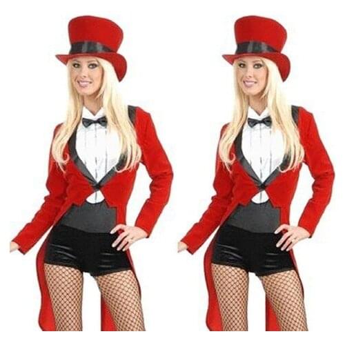 Fashion Women Red Long Sleeve Swallow- tailed Magician Costumes Sexy Halloween Cosplay Costumes