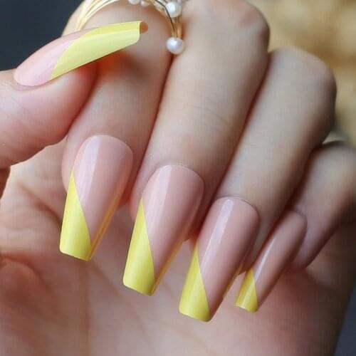 Nail art in side tip French yellow nudes resuable gel coffin fake nails summer salon glossy Ballet nails false nail