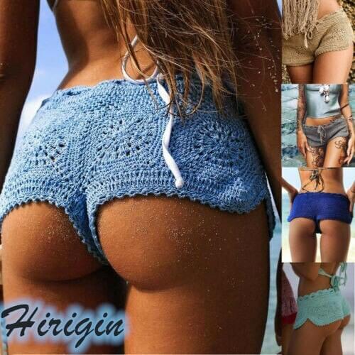 New Women Boho Knit Crochet Shorts Beach Sexy Floral Hollow Out Shorts Ladies Summer Holiday Solid Slim Mini Short Bottoms