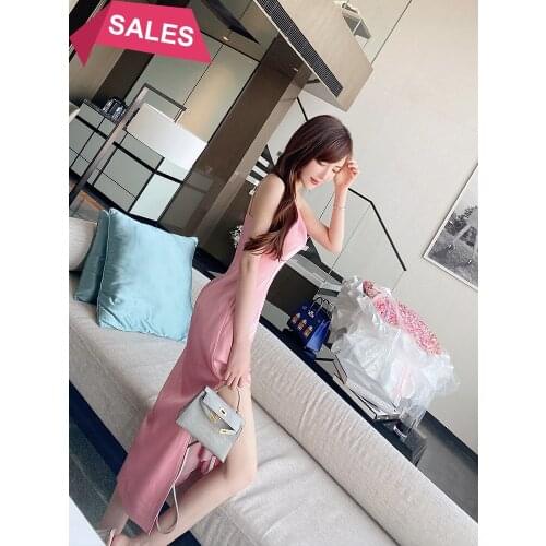 Wear neck show thin split solid long dress high waist slim versatile Satin Dress
