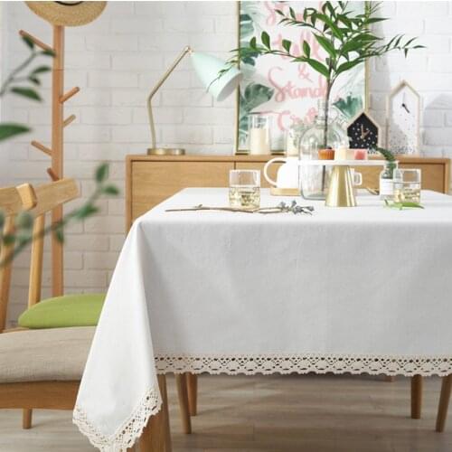 Soild Tablecloth with White Lace Elegant Rectangle Tablecloth Cotton Linen Table Cloth for Home Dinner Tea Table Cover