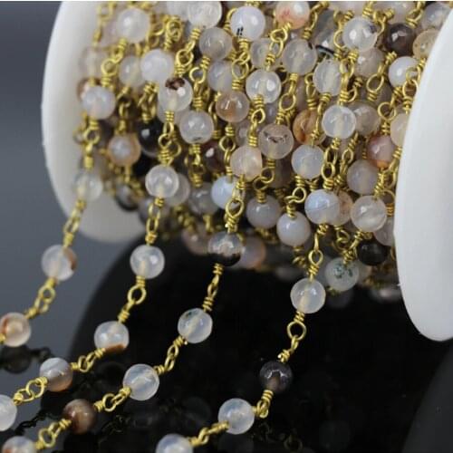 Wholesale 5Meter Landscape Agate Faceted Round Bead Chain,plated Wire Wrapped Rosary Chain Necklace DIY Jewelry Findings