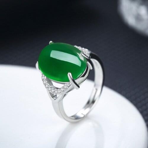 Tigrade Jewelry Women Ring Luxury Green Natural Chalcedony Resizable Rings Popular Bagues Pour Femme Woman Big Stone Rings