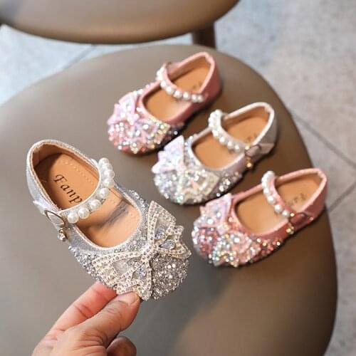 Girls Shoes 2021 Autumn Children Crystal Princess Shoes Soft Bottom Comfortable Sequins Bow-knot Pearl Kids Birthday Party Shoes