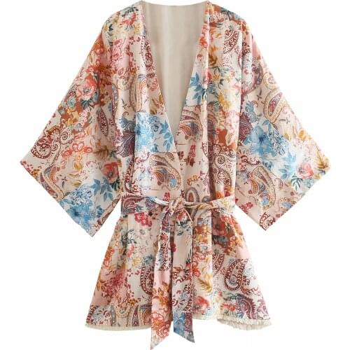 Za New Women Retro Floral print Simple Style Loose Three Quarter Sleeve Kimono Long Shirt Casual Chic Tops XITIMEAO