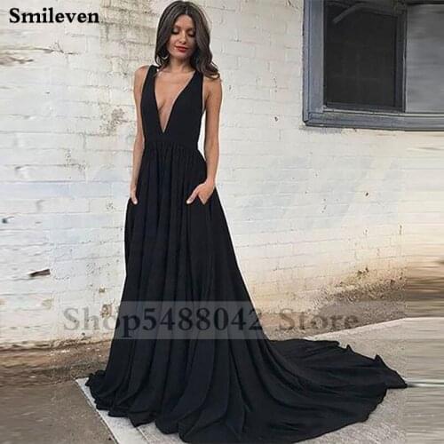 Smileven Black Formal Evening Dress A Line Sexy V Neck Evening Party Gown Backless Prom Party Dress Custom Made