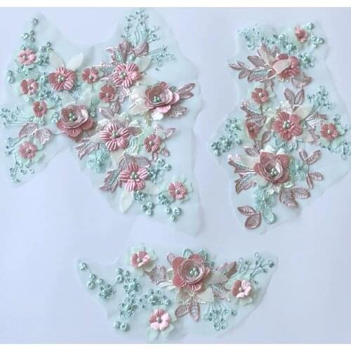 1Ps 3d Green Flower Sequin Patches Crystal Embroidery African Lace Applique Sew On Clothes Wedding Dance Dress Decor Patch Diy