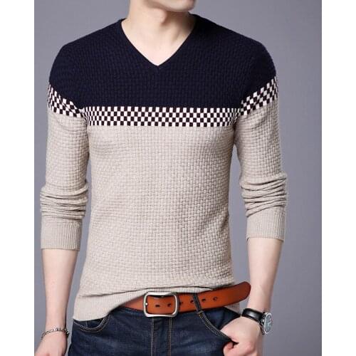 2019 New Autumn Winter Warm Wool Sweaters Casual Hit Color Patchwork V-neck Pullover Men Brand Slim Fit Cotton Sweater