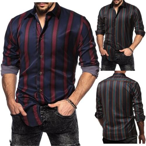 2020 Fashion Mens Striped Slim fit Shirt Youth Dress Shirt Long Sleeve Casual Business Buttons Shirt Cotton T Shirt Men