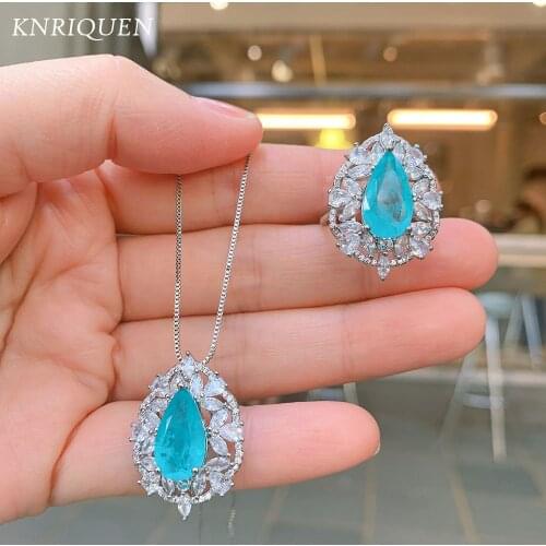 2021 New Arrival 925 Sterling Silver Sea Blue Paraiba Tourmaline Gemstone Pendant Necklace Rings for Women Luxury Jewelry Sets