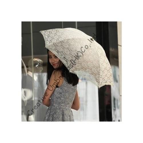 Beige Double Embroidery lace fabric,100%sunscreen,UPF>50+,parasol,8k ribs,manual windproof,pricess parasol,cherry,wooden handle