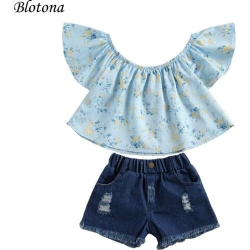 Blotona Toddler Kid Baby Girls Summer Outfits, Fashion Off Shoulder Floral Print Tops + Denim Shorts 2Pcs Clothes Set 1-6Years