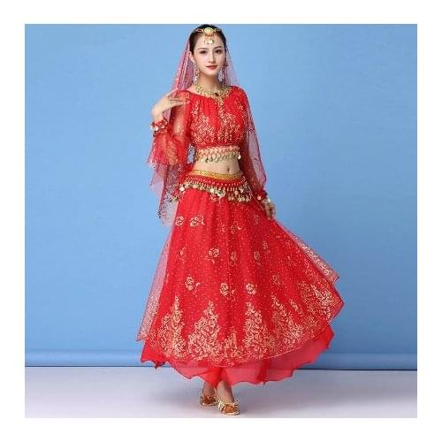 Bollywood Dress Costume Women Set Indian Dance Sari Belly Dance Performance Clothes Chiffon Top+Skirt+Waist chain 2/3/5/8pcs Set