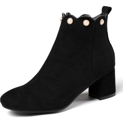 Cow Suede Thick Heel With Ruffled Pearl Ankle Boots Frosted Leather Mid-Heel Thick Bottom Side Zipper Beige Womens Boots Cheap