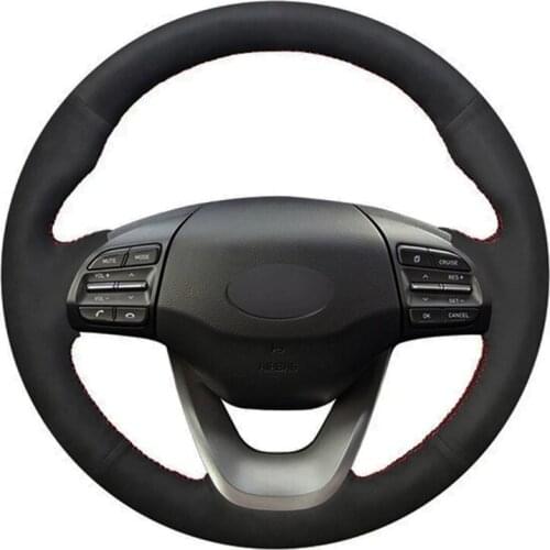 Black Soft Genuine Leather Suede DIY Hand-stitched Car Steering Wheel Cover For Hyundai Kona 2017 2018 2019