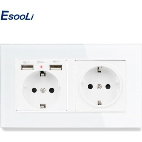 Esooli 2 Gang EU Standard Wall Socket luxury Crystal Glass Panel With 2 USB Charge Port Hidden Soft LED Indicator