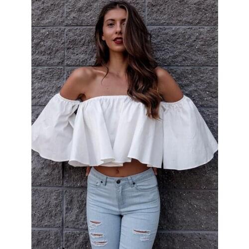 Fashion Womens T-shirt Solid One Word Collar Flared Sleeves Ruffle Sexy Backless Tops 2021 Summer Short Sexy Party T-shirt