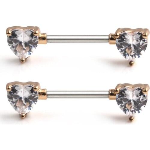 JFORYOU 316L Stainless Steel Double Front Facing Clear CZ Nipple Shield Barbell Ring Piercing 14G 14mm