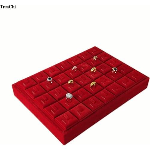 Quality Wooden Ring Jewelry Display Case 35Pcs Red Velvet Wedding Ring Jewelry Storage Organizer Stand Necklace Display Tray