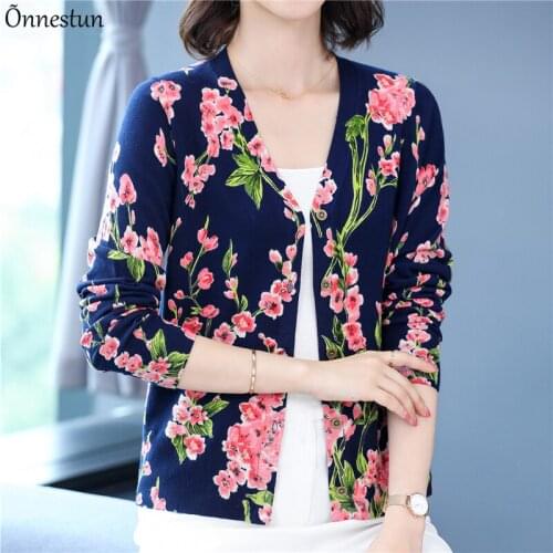 Floral Print Female Cardigan Autumn Spring Single-breasted Knitted Sweaters Top Korean Fashion V Neck Soft Cardigans Women