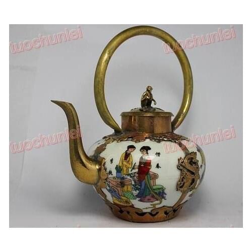 Chinese tibet White Porcelain Dragon Painting Beauty Handwork TeaPot Tea Pot Garden Decoration 100% real Tibetan Silver Brass