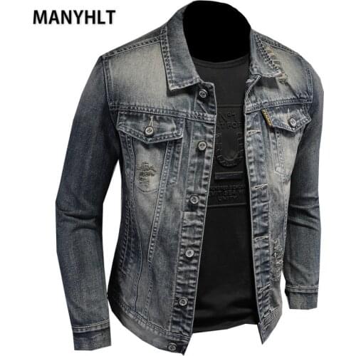 MANYHLT Autumn Men Denim Jackets Casual Solid Color Lapel Single Breasted Jeans Jacket Men Slim Fit Cotton Outwear Jackets