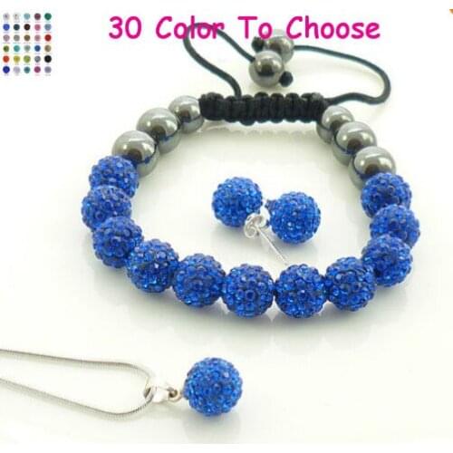 Women men bead+Gift+Free Shipping 10mm Blue Crystal crystal Set Disco Ball Bracelet Earring Necklace wedding jewelry hb434
