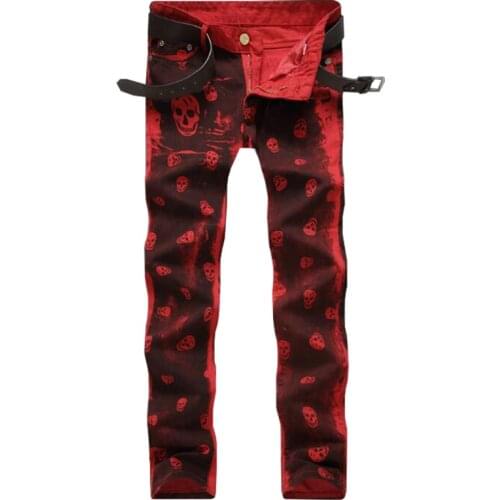 2019 New Dropshipping Men Jeans Red White Skull Pattern Printed Punk Slim Fit Motorcycle Biker Jeans Skinny Cotton Denim Pants