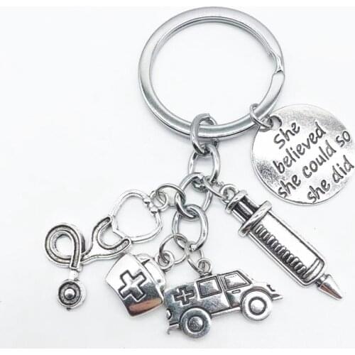 New Ambulance Medical Kit Syringe Stethoscope Hospital Medical Equipment Keychain, Cute Nurse Hat Keyring Fashion Jewelry Gift