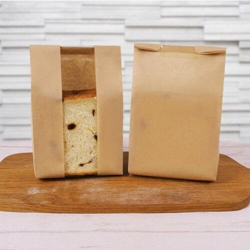 Food Grade Kraft Paper Bread Bags Window-Open Size Small For 4 Pieces Toast Oilproof Puff Bag Food Packing Bag 50pcs