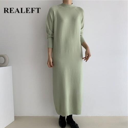REALEFT Autumn Winter Women Straight Long Dresses 2021 New Long Sleeve Solid Half Turtleneck Casual Loose Knitting Dress Female