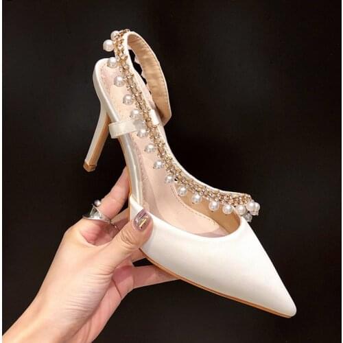 Luxury Rhinestones String Bead Bride Wedding Shoes Exquisite elegant Satin Silk Banquet Pumps Brand Design Sexy Thin High Heels