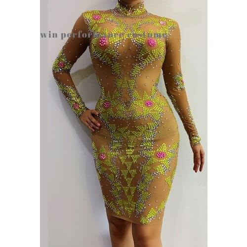 Christmas New Style Gold Rhinestones Fringe Transparent Dress Bar Birthday Celebrate Mesh Outfit Women Dancer Wear Prom Dress