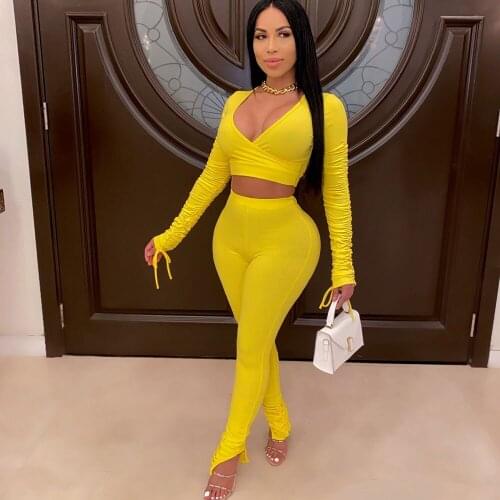 Sexy Bodycon Two Piece Set for Women Clothing Sets V-Neck Crop Top and Split Stacked Pants Suit Bandage Club Outfits Ropa Mujer